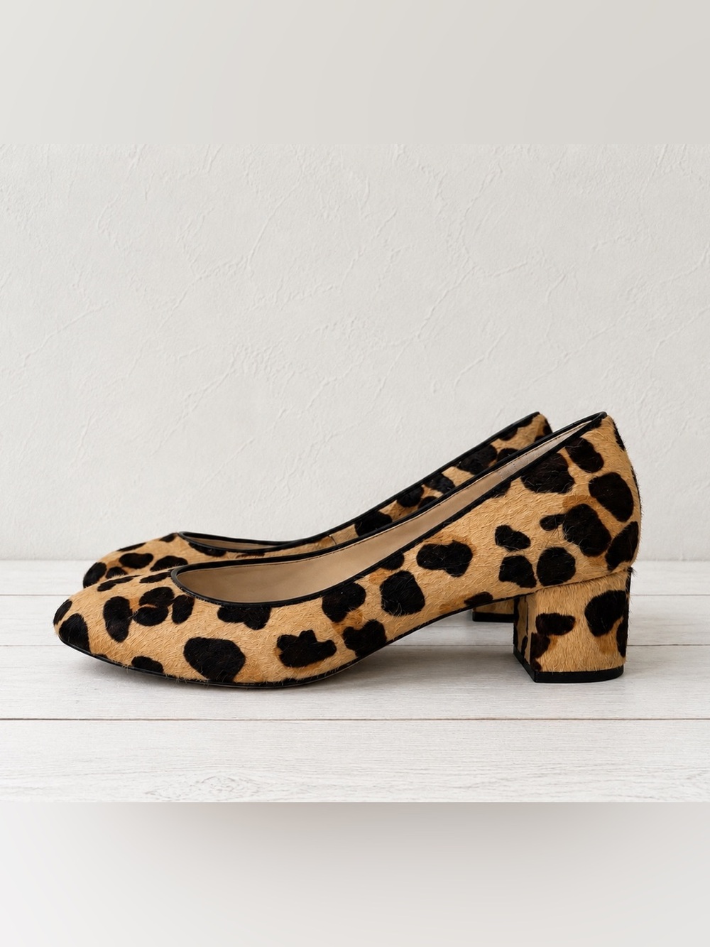 Cole Haan Leopard Print Real Calf Fur Low 2”Block Heel Almond Toe Pumps